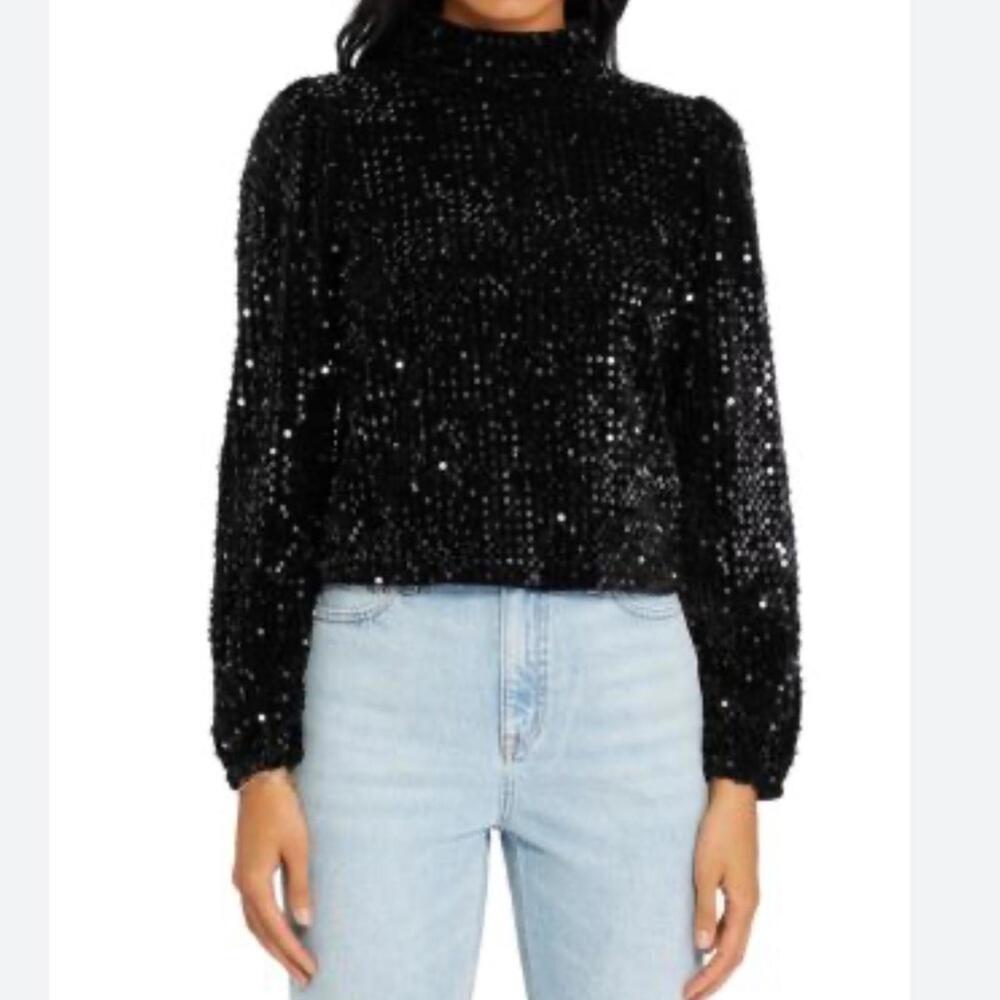 Sanctuary‎ All Nighter Mock Neck Sequin Top Black Long Sleeve XS